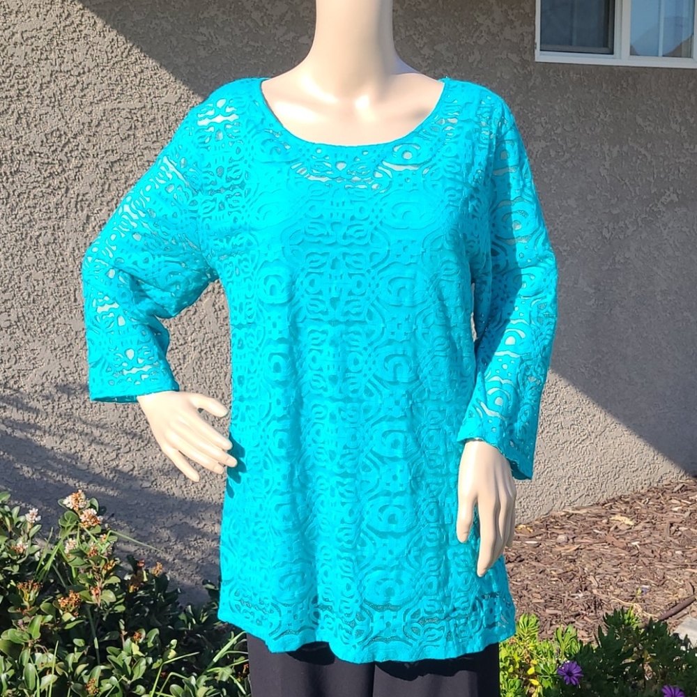 Alfani Turquoise Lace Semi-Sheer Top